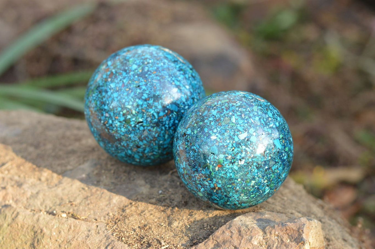 Polished Conglomerate Chrysocolla Spheres With Azurite & Malachite x 2 From Congo - TopRock
