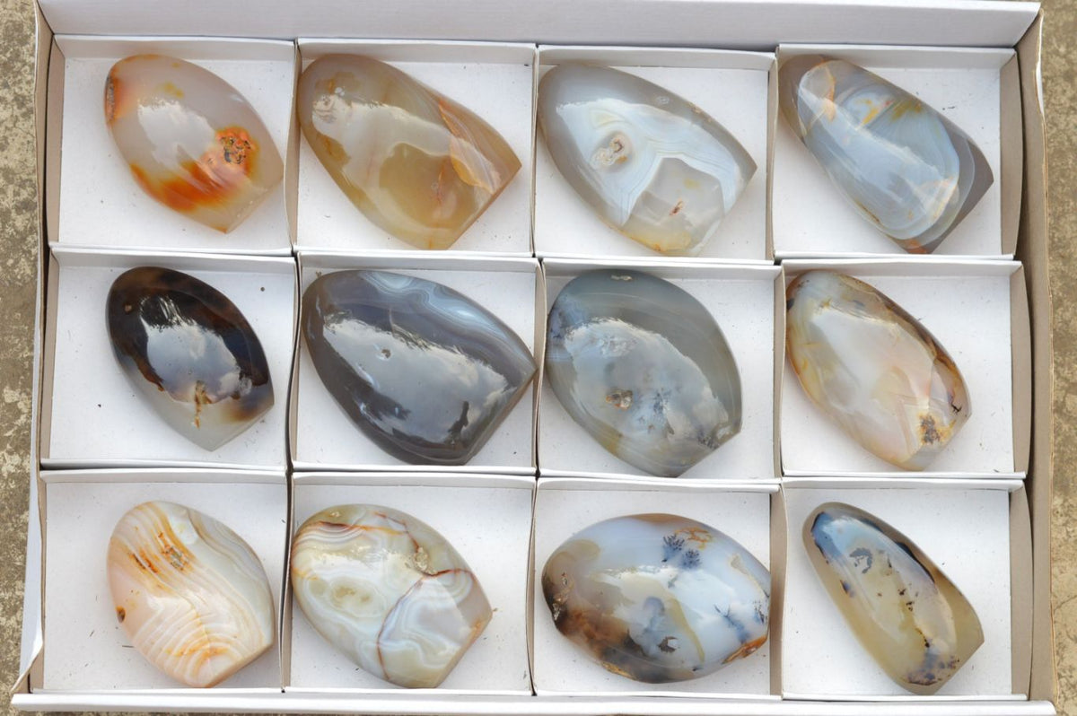 Polished Small Banded & Dendritic Agate Standing Free Forms x 12 From Moralambo, Madagascar - TopRock