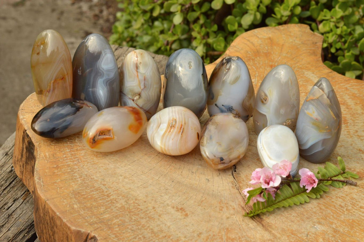 Polished Small Banded & Dendritic Agate Standing Free Forms x 12 From Moralambo, Madagascar - TopRock