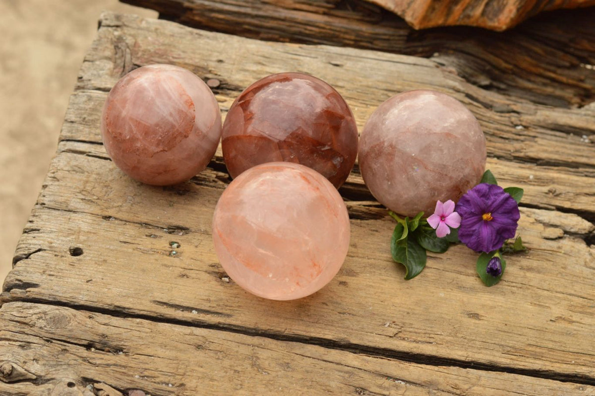 Polished Gemmy Red Hematoid "Fire" / Agnitite Quartz Spheres x 4 From Madagascar - TopRock