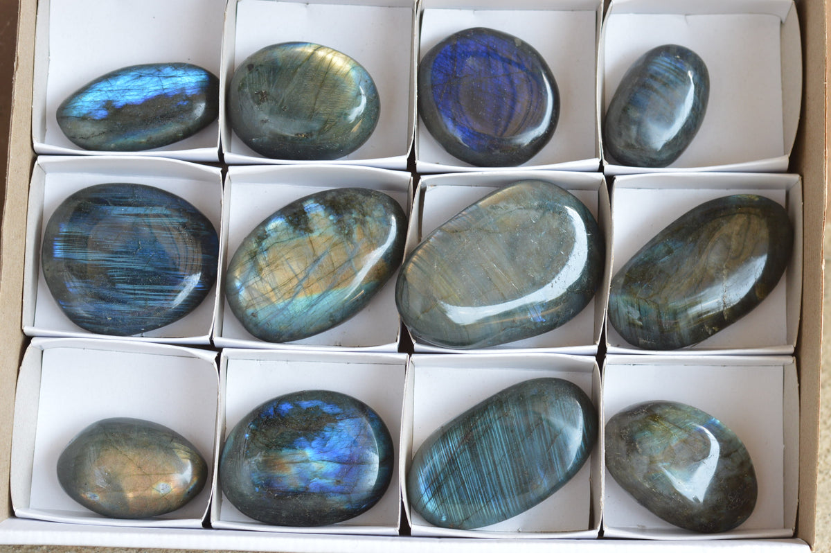 Polished Flashy Blue Labradorite Palm Stones x 12 From Tulear, Madagascar - TopRock