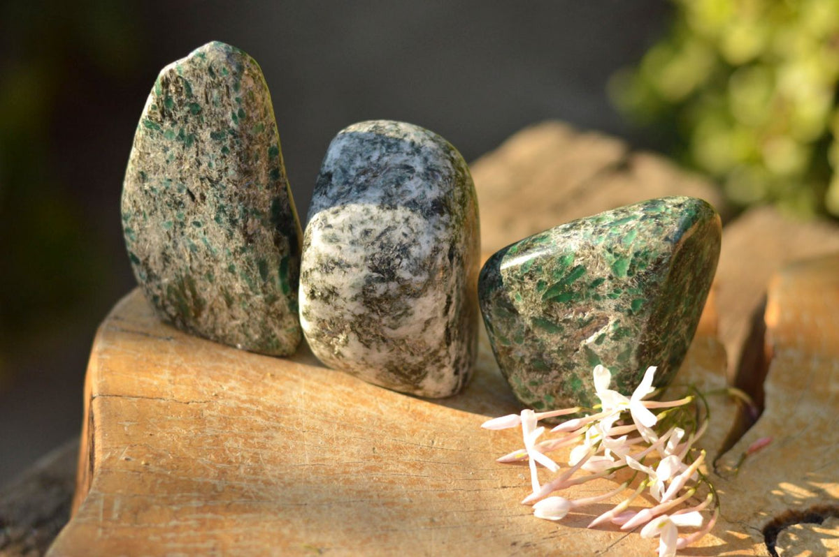 Polished Green Emeralds In Matrix Standing Free Forms x 3 From Sandawana, Zimbabwe - TopRock