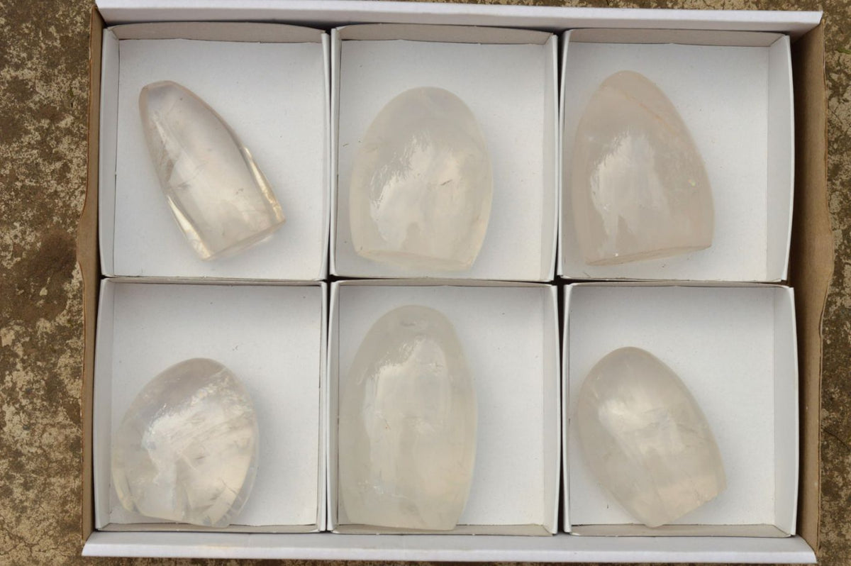 Polished Small Optic Girasol Pearl Quartz Standing Free Forms x 6 From Madagascar - TopRock