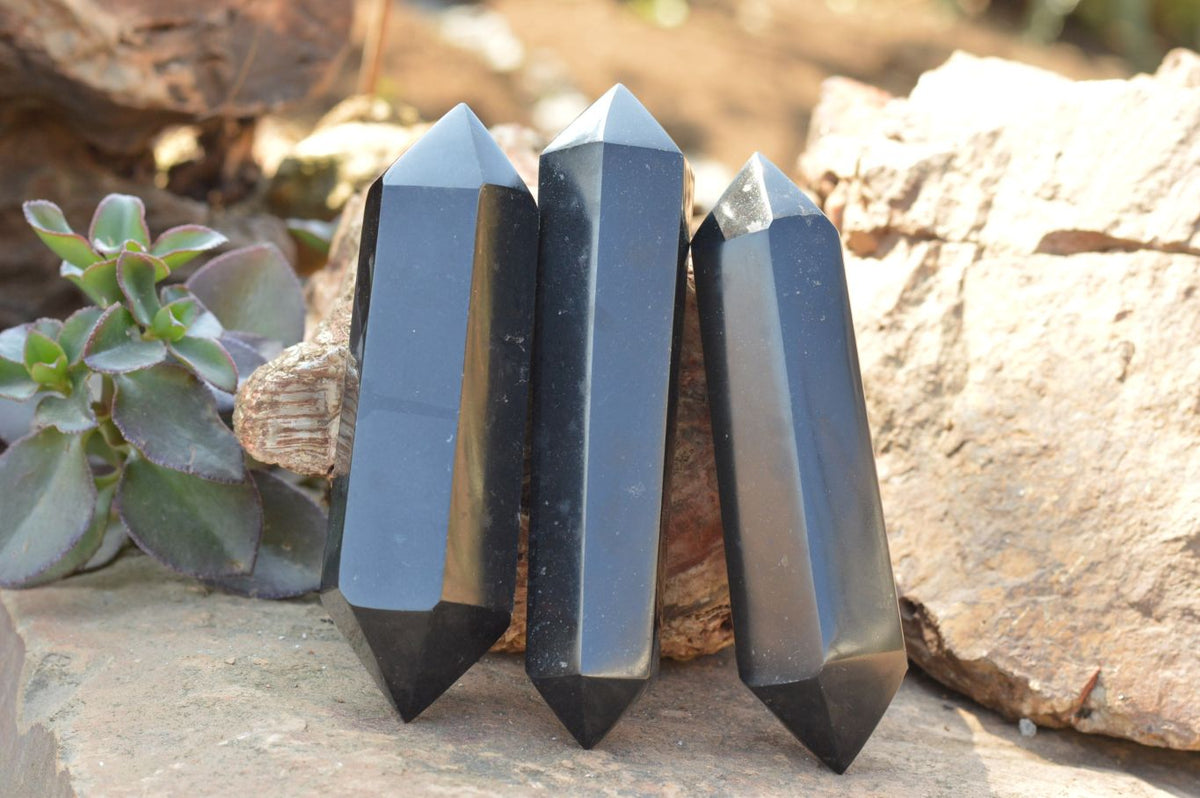 Polished Double Terminated Black Basalt Points x 3 From Madagascar - TopRock