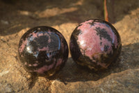 Polished  Pink & Black Rhodonite Spheres x 4 From Madagascar - Toprock Gemstones and Minerals