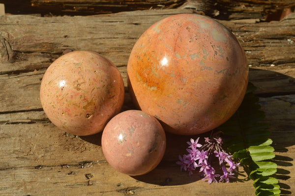 Polished Peach Runestone Feldspar Spheres (Two Small & One Medium)  x 3 From Zimbabwe - TopRock