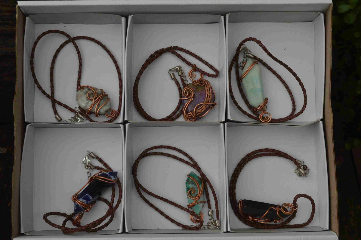 Polished Mixed Jewellery Free Forms With Copper Art Wire Pendants x 6 From Southern Africa - TopRock