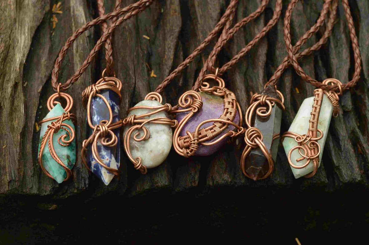 Polished Mixed Jewellery Free Forms With Copper Art Wire Pendants x 6 From Southern Africa - TopRock