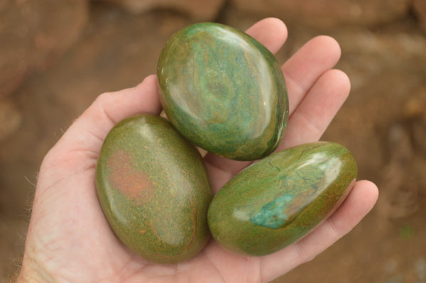 Polished Green Verdite Palm Stones  x 3 From Zimbabwe - TopRock
