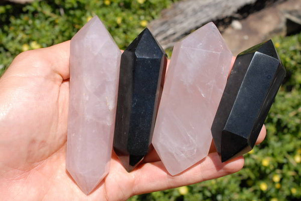 Polished Black Basalt & Rose Quartz Mixed Double Terminated Crystals & Crystal Points x 12 From Madagascar - TopRock