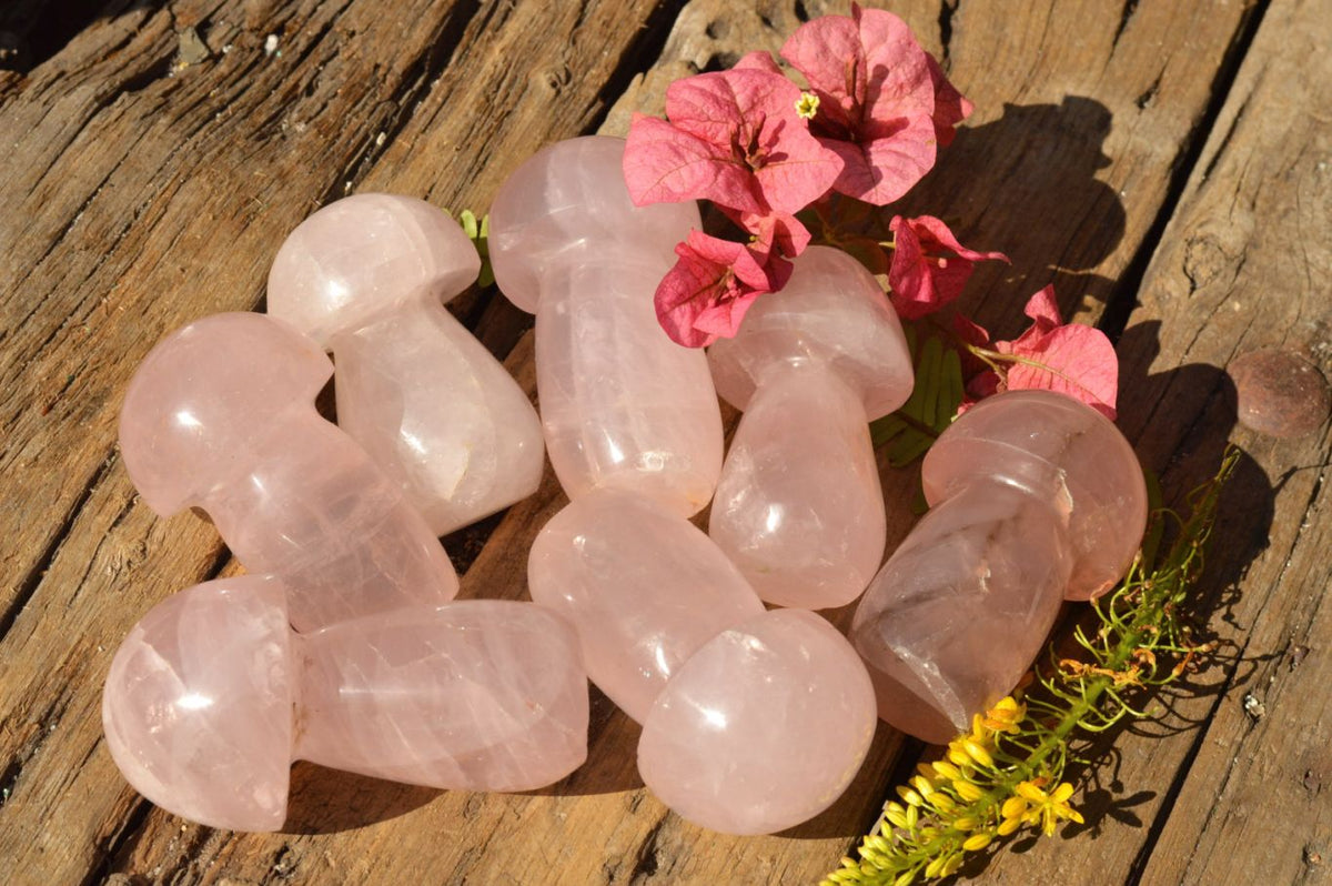 Polished Gemmy Pink Rose Quartz Mushrooms With Asterisms On Some x 7 From Madagascar - TopRock