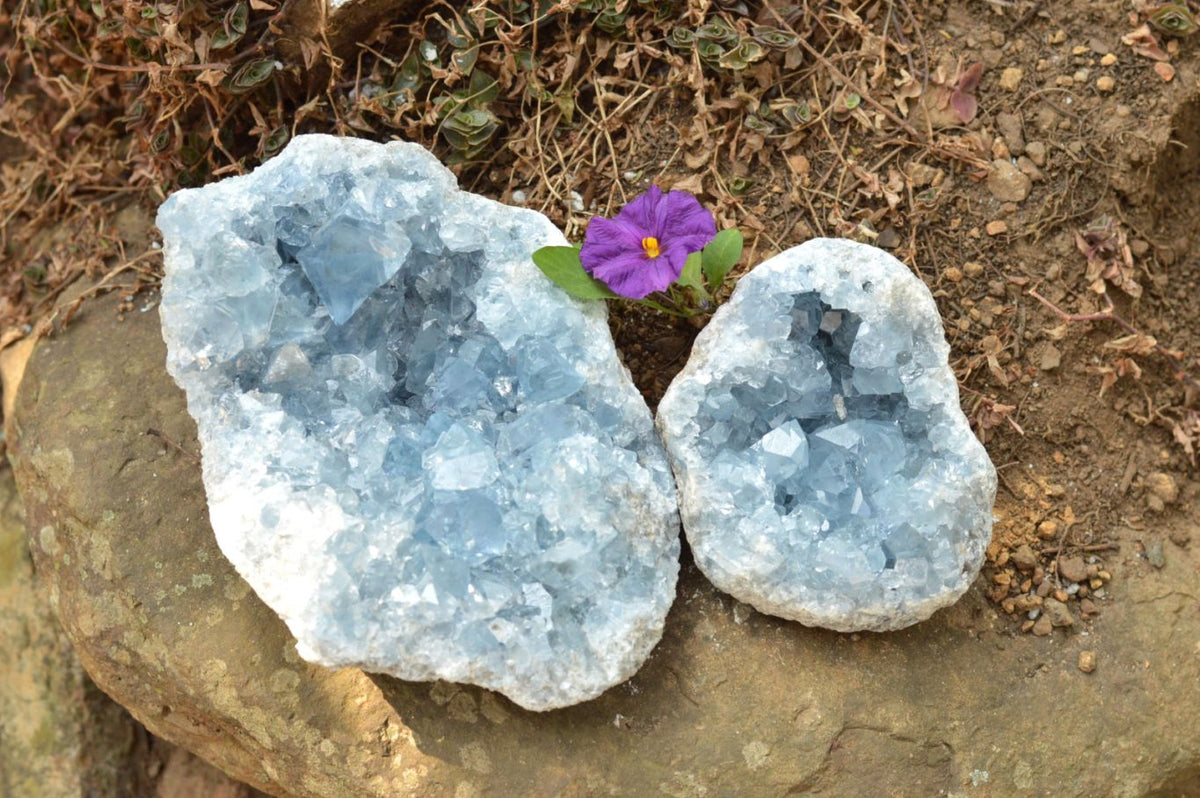 Natural Blue Celestite Specimens With Gemmy Cubic Crystals x 2 From Sakoany, Madagascar - TopRock