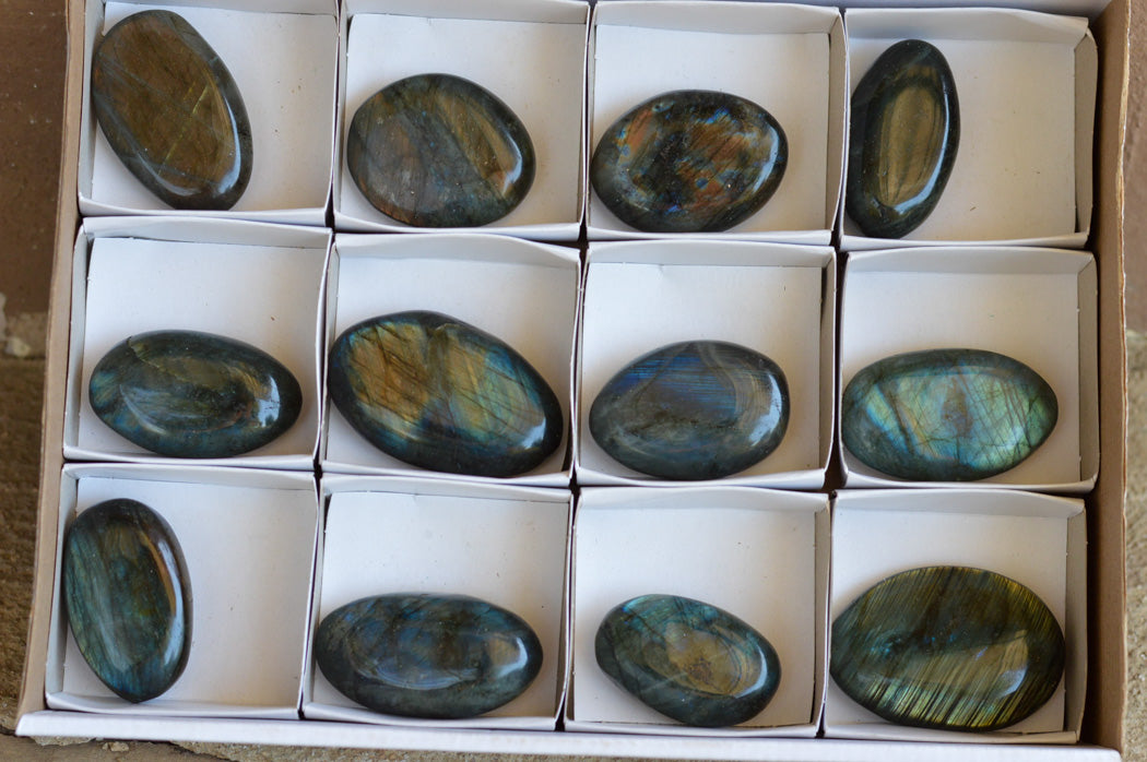 Polished Labradorite Palm Stones With Intense Blue & Gold Flash x 12 From Tulear, Madagascar - TopRock