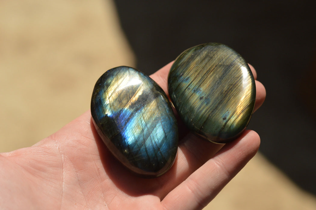 Polished Labradorite Palm Stones With Intense Blue & Gold Flash x 12 From Tulear, Madagascar - TopRock