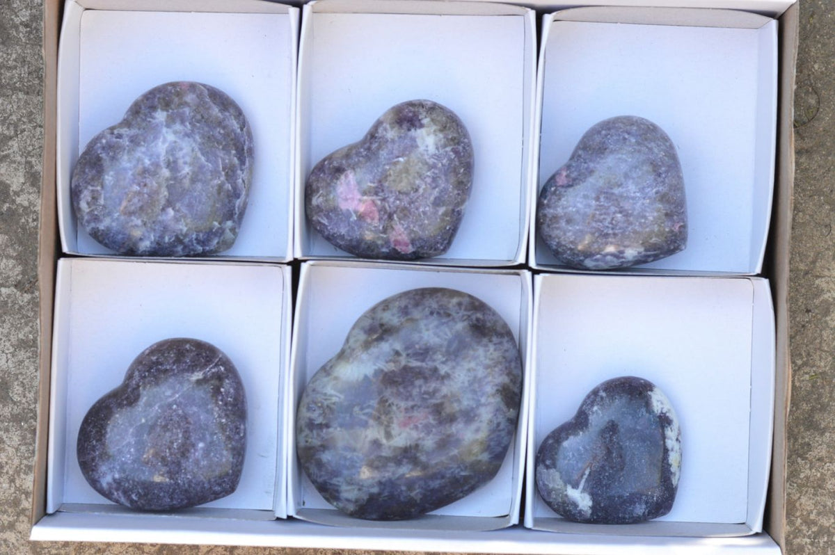 Polished Purple Lepidolite Mica Hearts x 6 From Madagascar - TopRock
