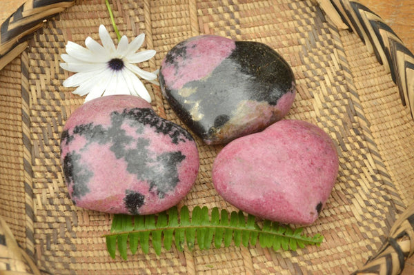 Polished Near Solid Pink Rhodonite Hearts x 3 From Ambindavato, Madagascar - TopRock