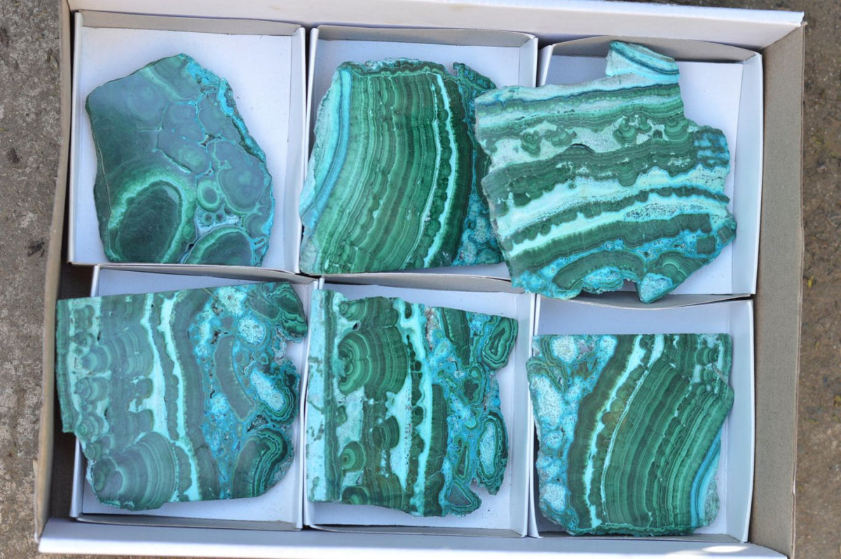 Polished Gorgeous Banded Malachite Slices With Chrysocolla Edging x 6 From Congo - TopRock