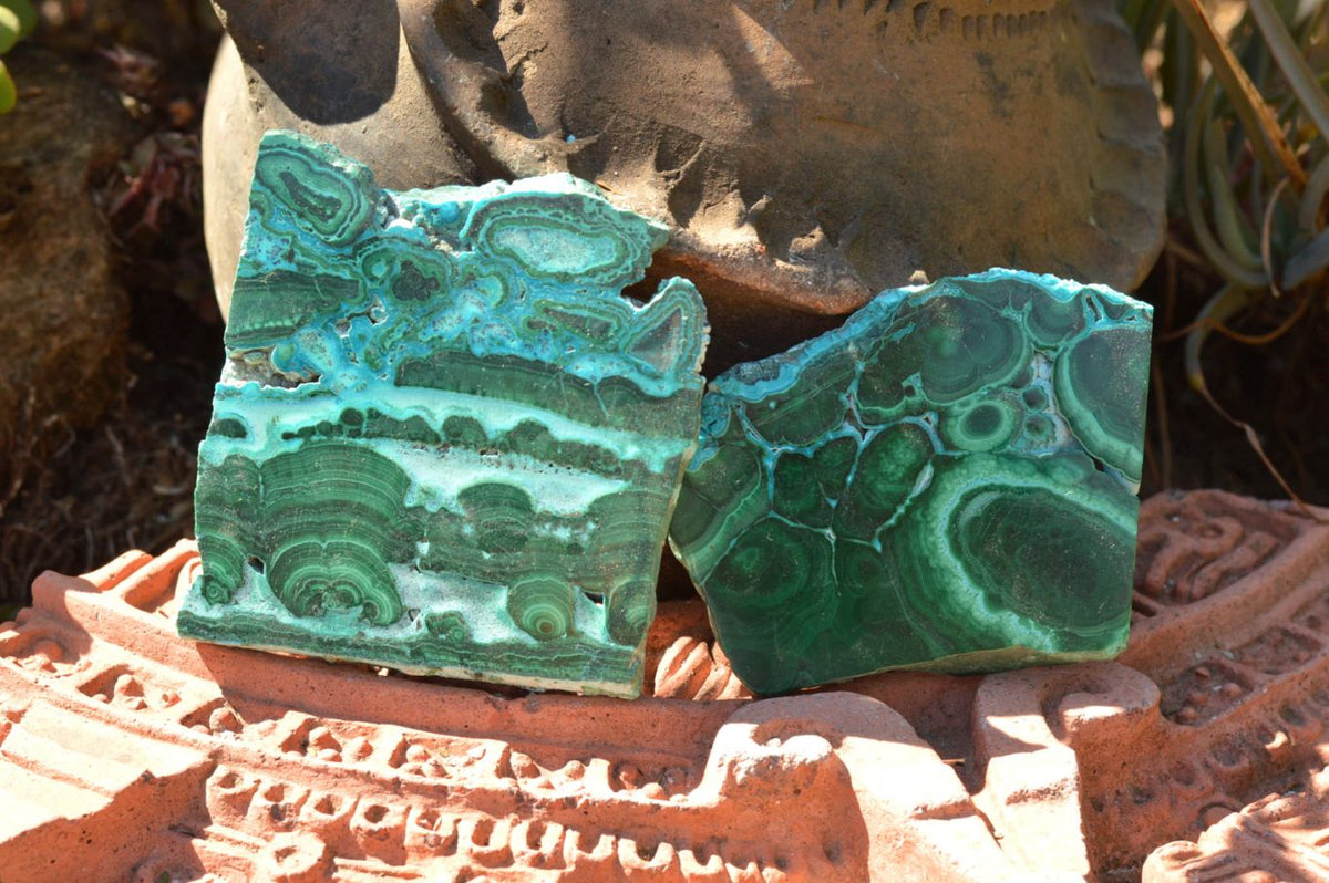 Polished Gorgeous Banded Malachite Slices With Chrysocolla Edging x 6 From Congo - TopRock