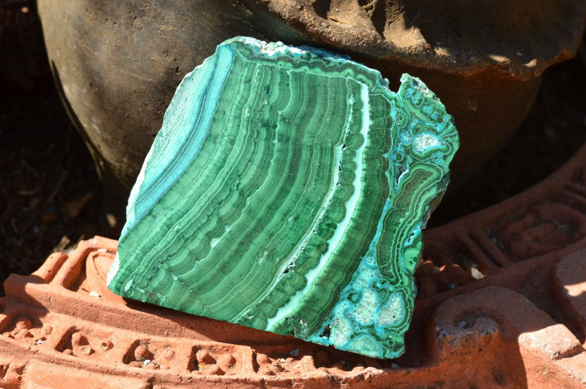 Polished Gorgeous Banded Malachite Slices With Chrysocolla Edging x 6 From Congo - TopRock