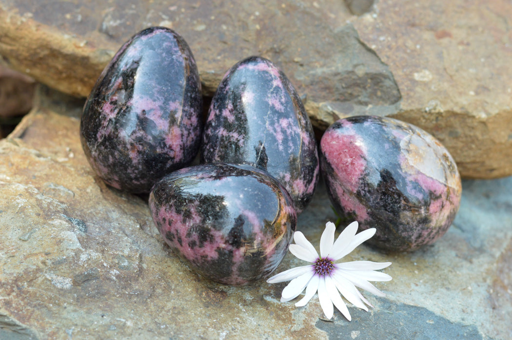 Polished Pink & Black Rhodonite Eggs x 4 From Ambindavato, Madagascar - TopRock