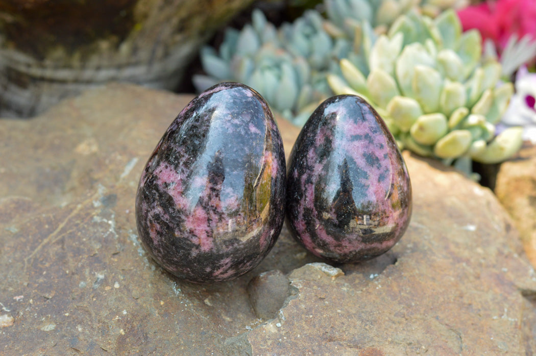 Polished Pink & Black Rhodonite Eggs x 4 From Ambindavato, Madagascar - TopRock