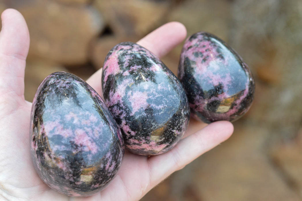 Polished Pink & Black Rhodonite Eggs x 4 From Ambindavato, Madagascar - TopRock