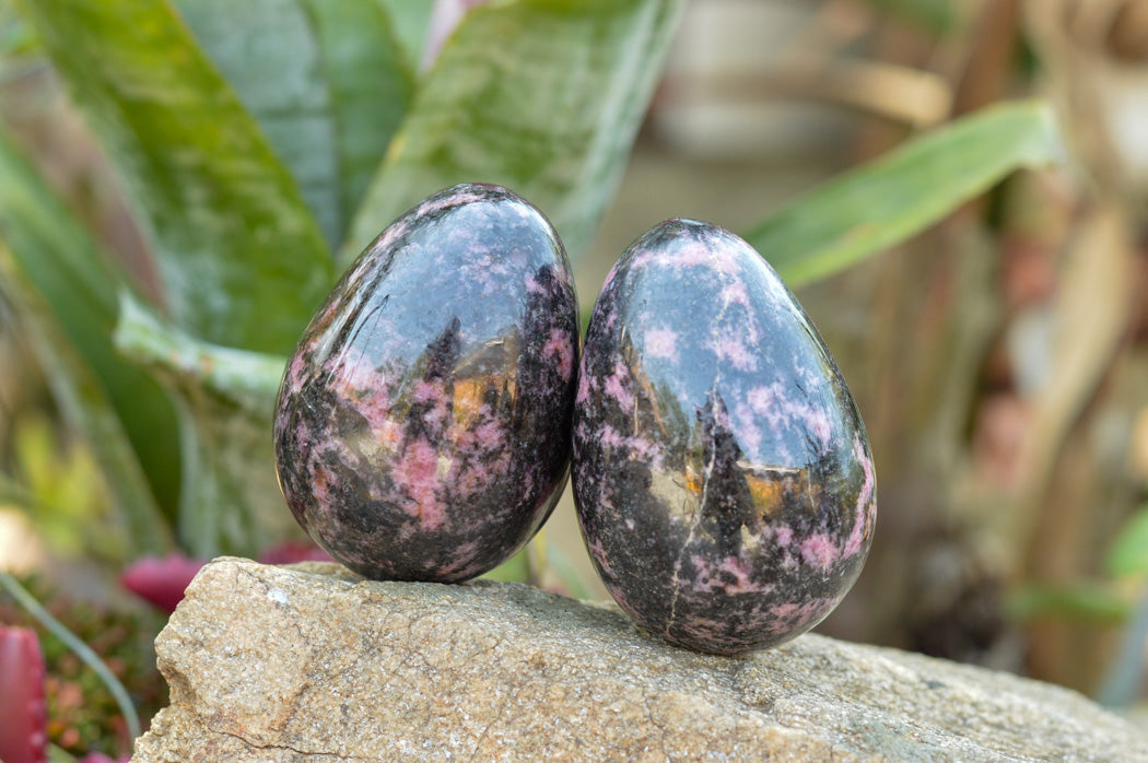 Polished Pink & Black Rhodonite Eggs x 4 From Ambindavato, Madagascar - TopRock