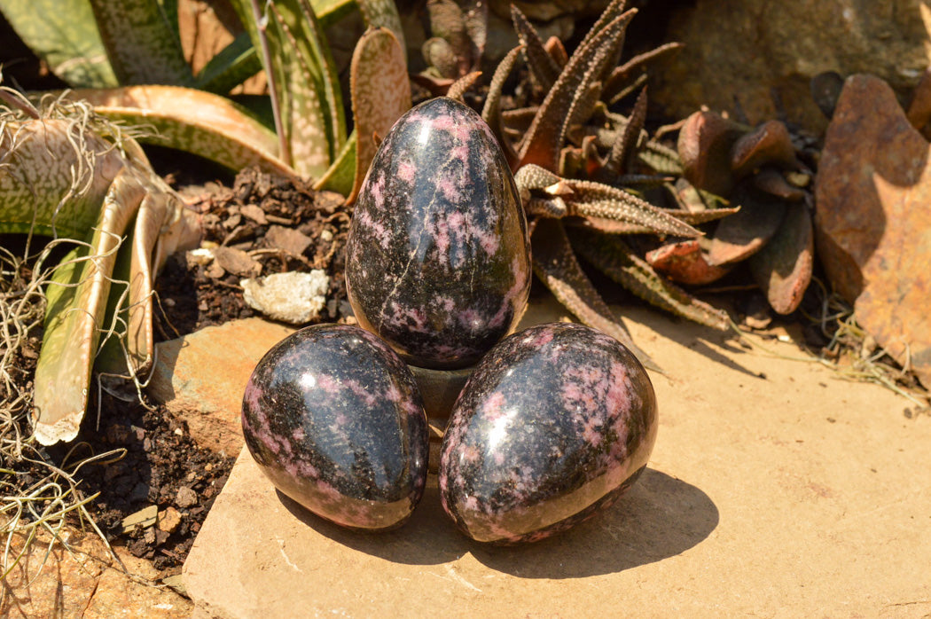 Polished Pink & Black Rhodonite Eggs x 4 From Ambindavato, Madagascar - TopRock