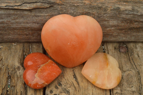 Polished Vibrant Orange Calcite Hearts x 3 From Maevantanana, Madagascar - TopRock
