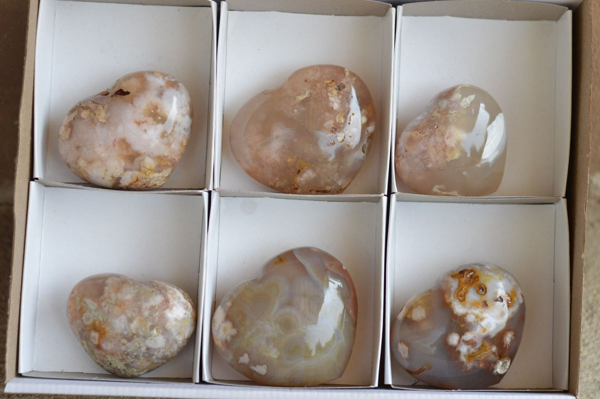 Polished Beautiful Coral Flower Agate Hearts x 6 From Antsahalova, Madagascar - TopRock