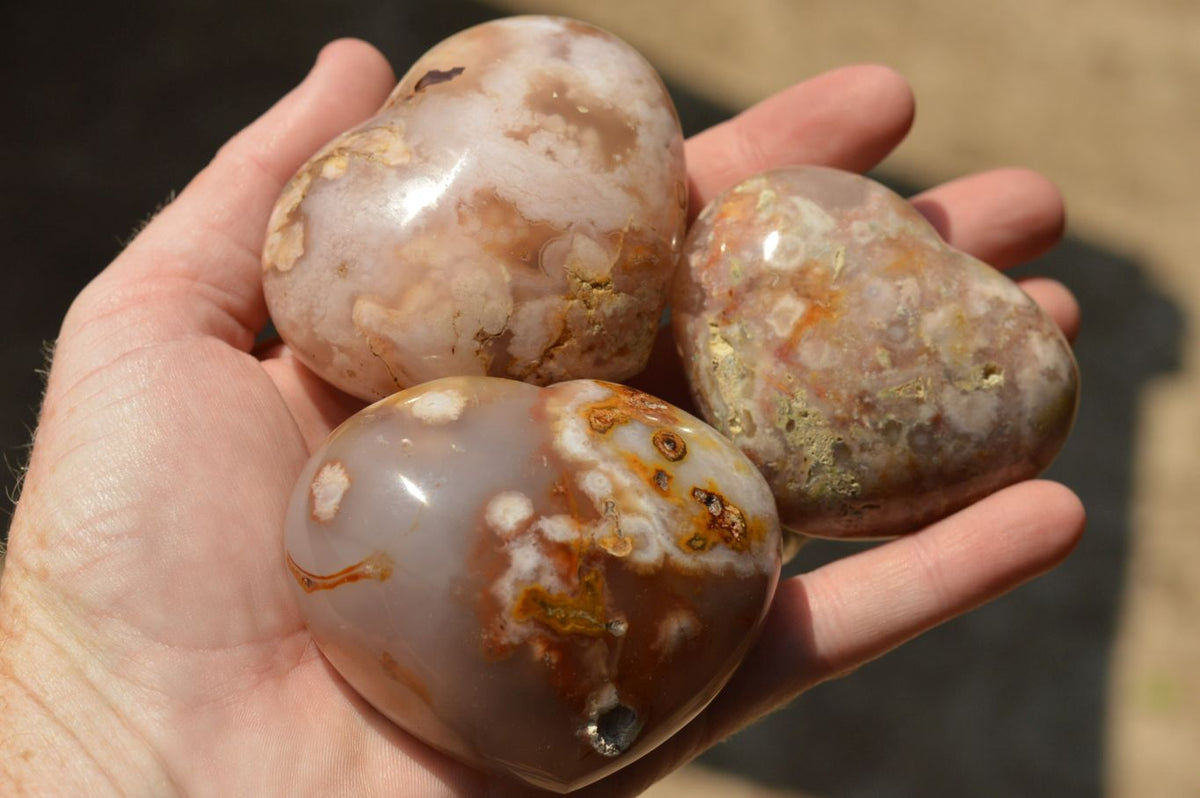 Polished Beautiful Coral Flower Agate Hearts x 6 From Antsahalova, Madagascar - TopRock