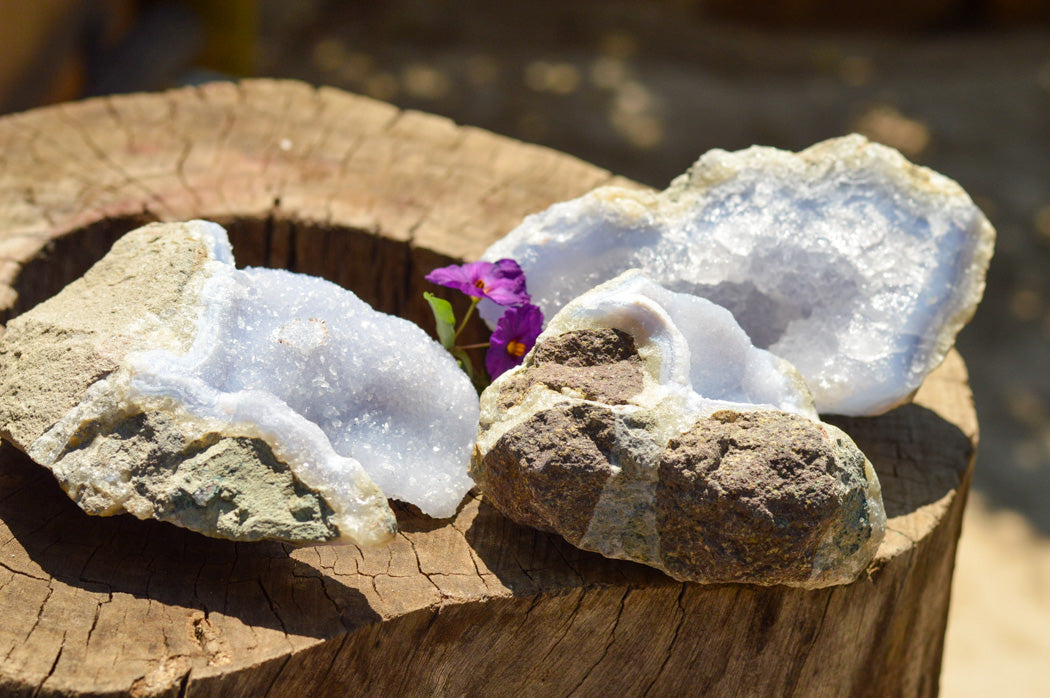 Natural Blue Lace Agate Geode Specimens x 3 From Nsanje, Malawi - TopRock