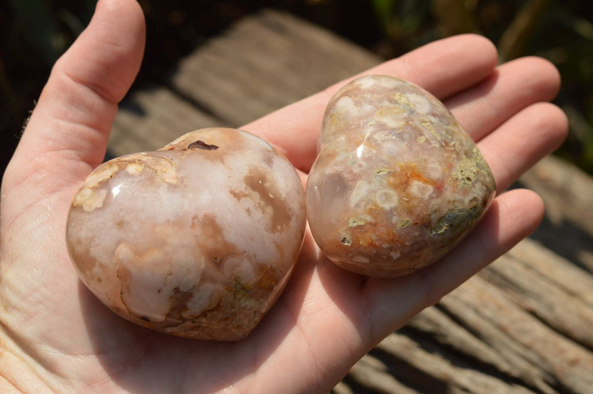 Polished Beautiful Coral Flower Agate Hearts x 6 From Antsahalova, Madagascar - TopRock