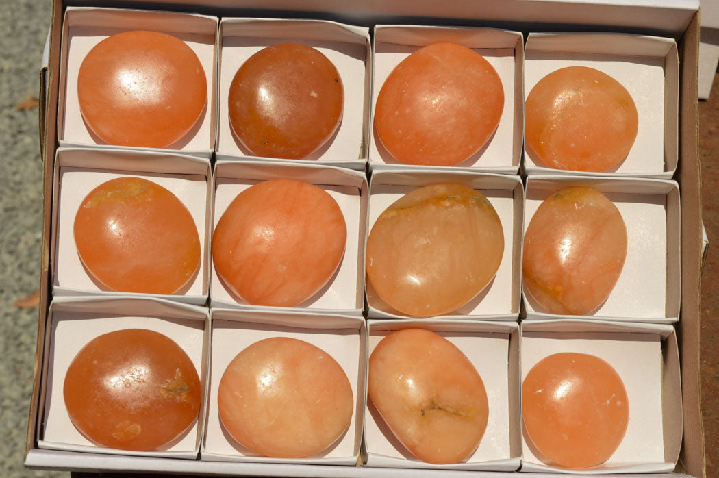 Polished Vibrant Orange Twist Calcite Palm Stones x 12 From Madagascar - TopRock