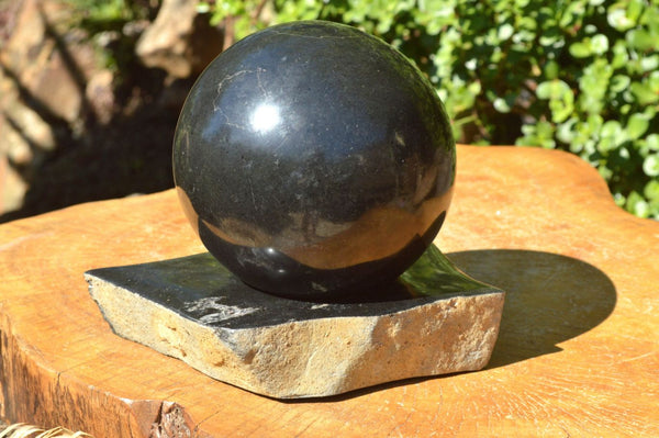 Polished Black Basalt Home Décor Set (Sphere & Holder) x 2 From Madagascar - TopRock