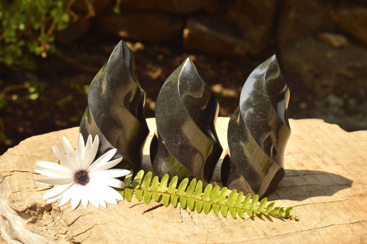 Polished Small Pitch Black Basalt Flames x 3 From Madagascar - TopRock