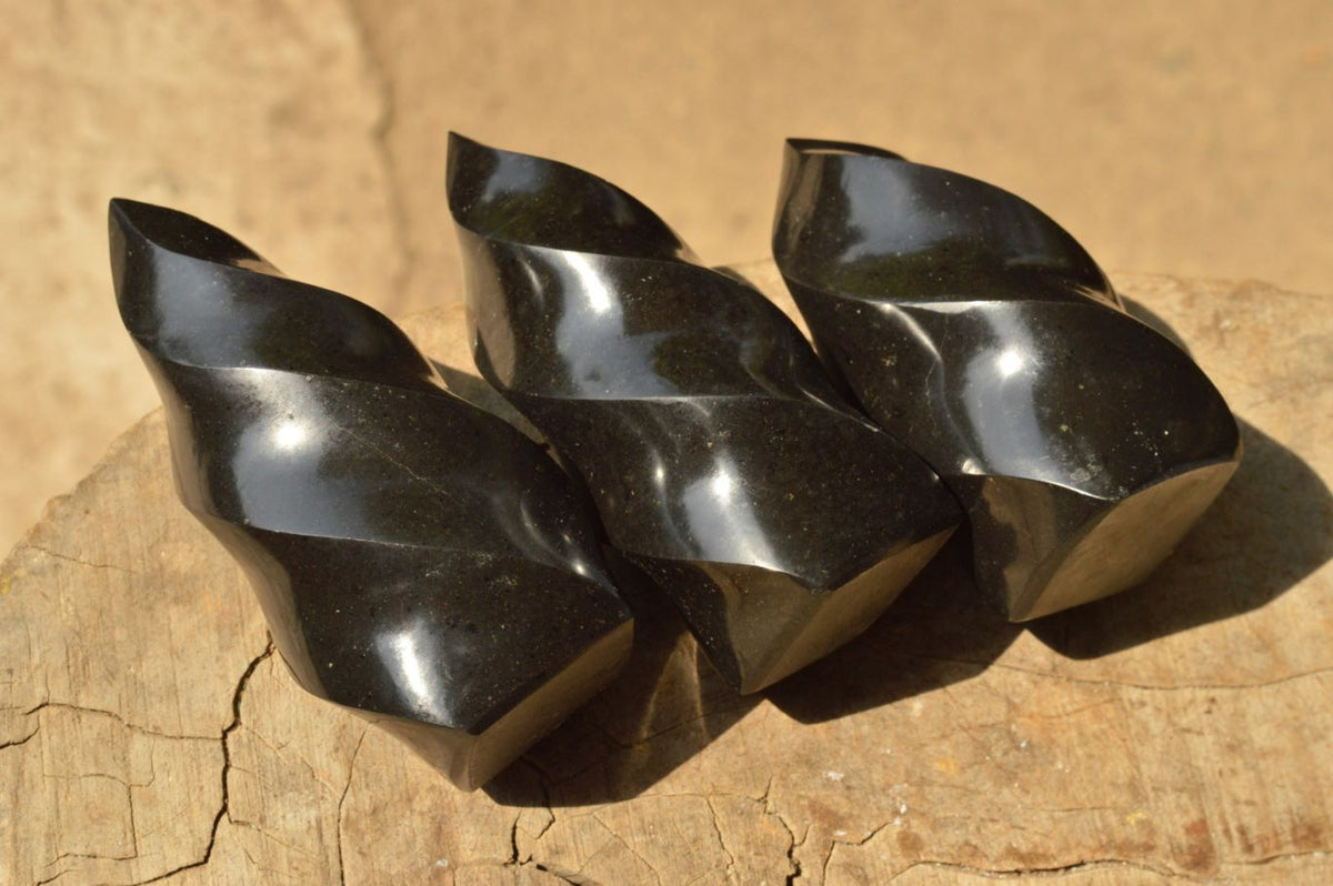 Polished Small Pitch Black Basalt Flames x 3 From Madagascar - TopRock