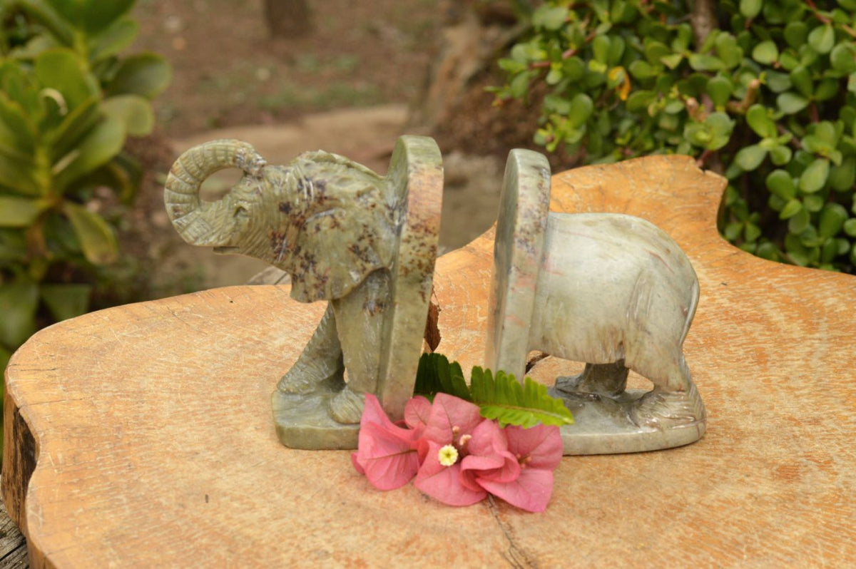 Polished Butter Jade Elephant Book End Carvings x 2 From Zimbabwe - TopRock