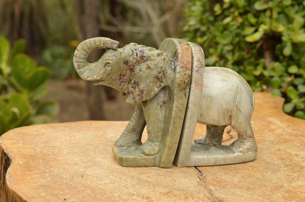 Polished Butter Jade Elephant Book End Carvings x 2 From Zimbabwe - TopRock