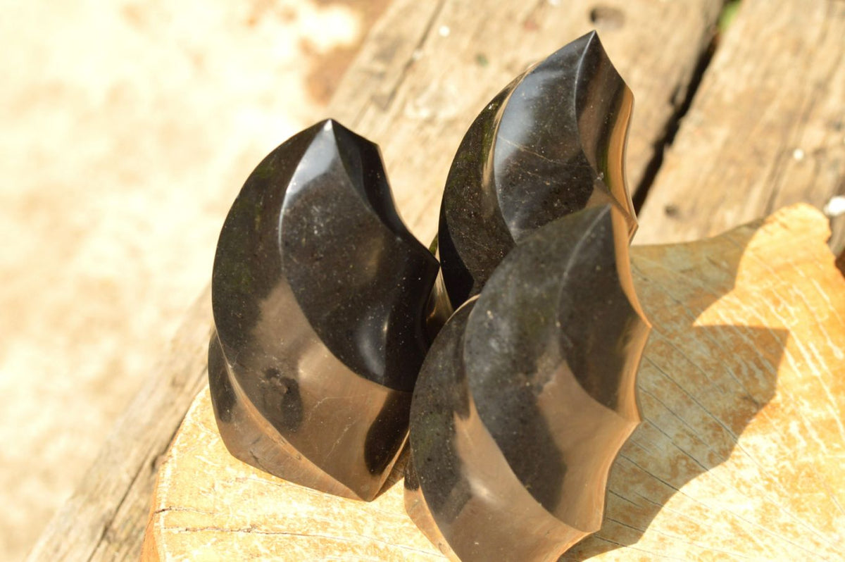 Polished Small Pitch Black Basalt Flames x 3 From Madagascar - TopRock