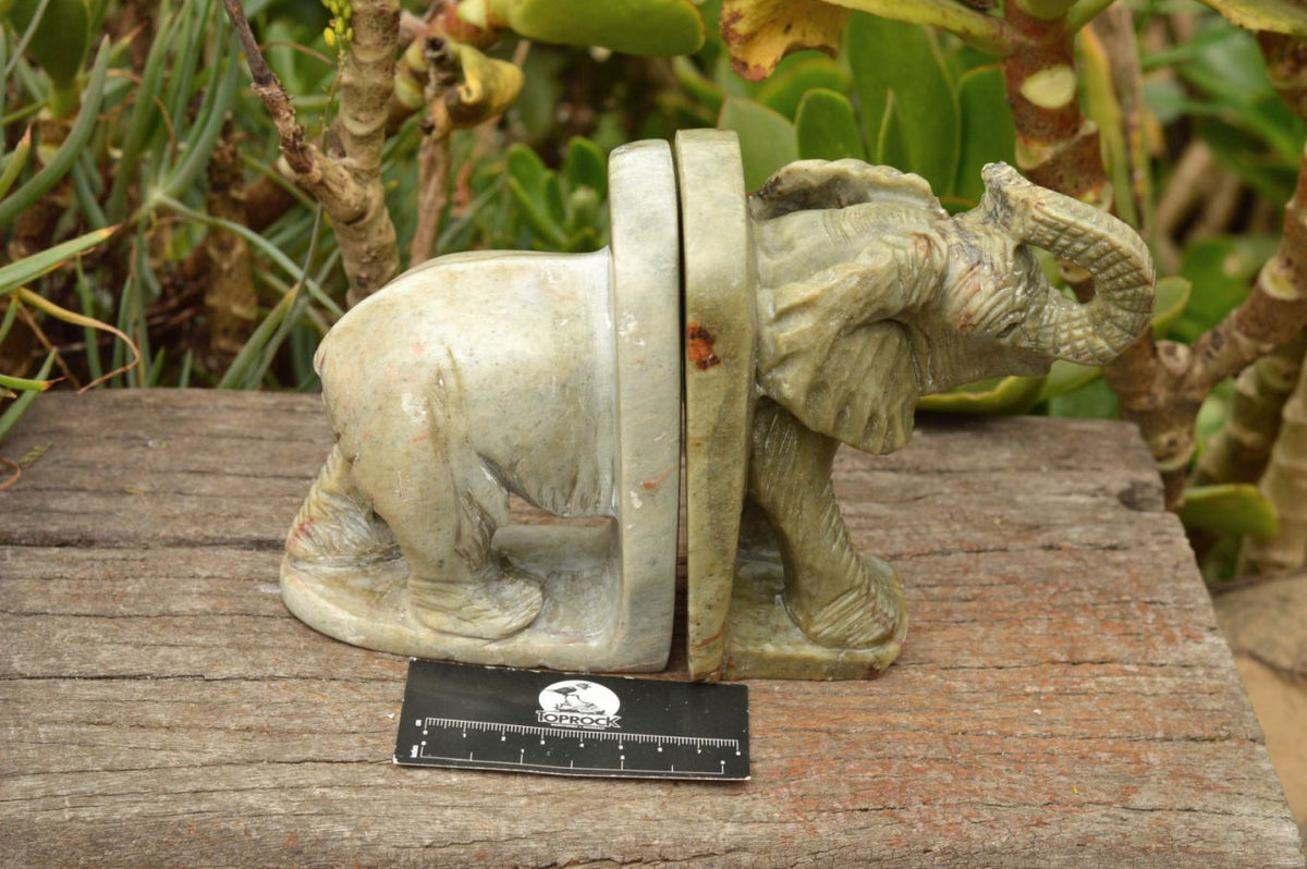 Polished Butter Jade Elephant Book End Carvings x 2 From Zimbabwe - TopRock
