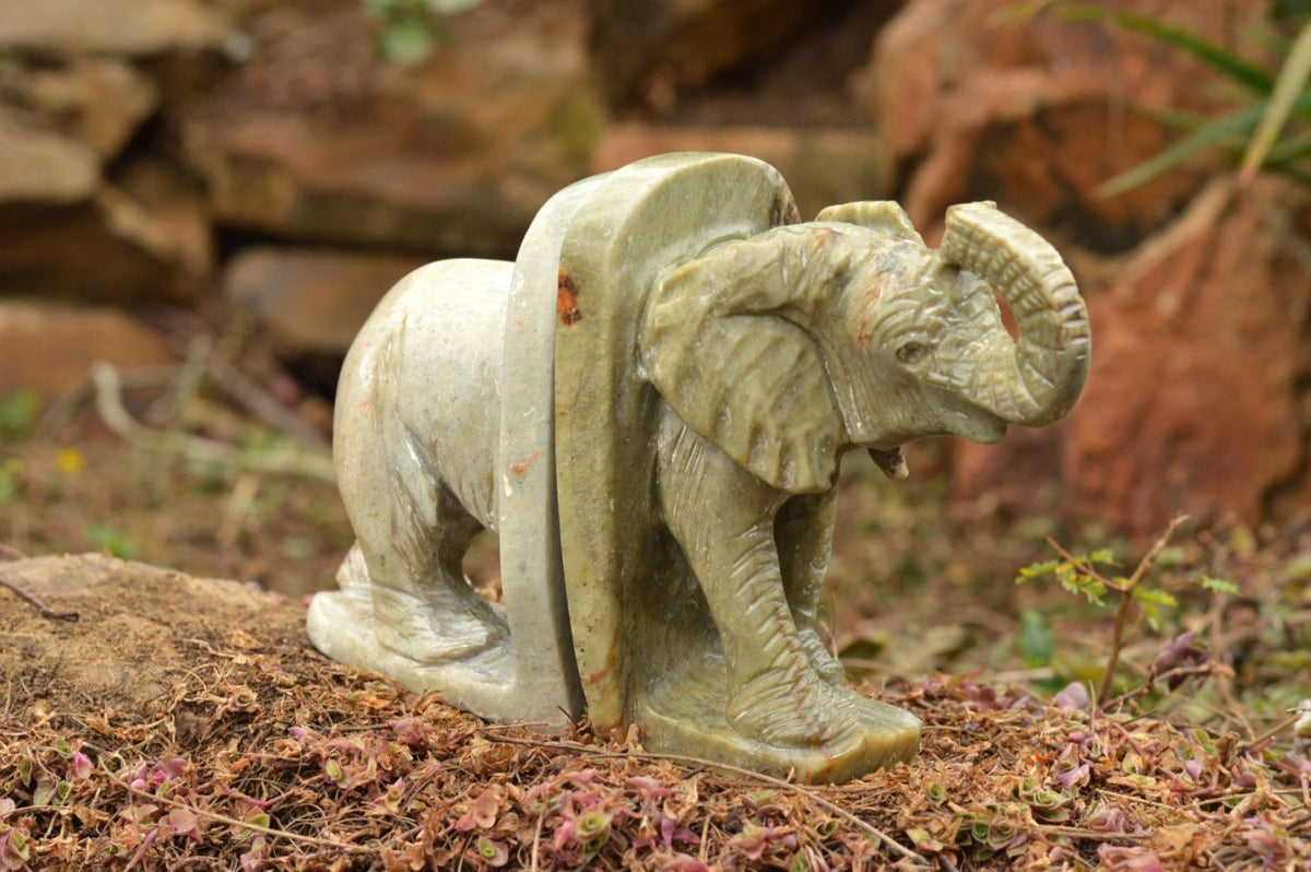 Polished Butter Jade Elephant Book End Carvings x 2 From Zimbabwe - TopRock