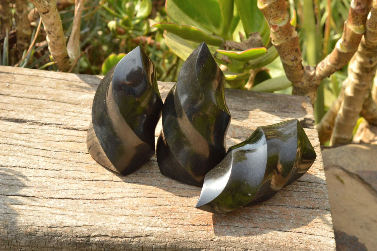 Polished Small Pitch Black Basalt Flames x 3 From Madagascar - TopRock