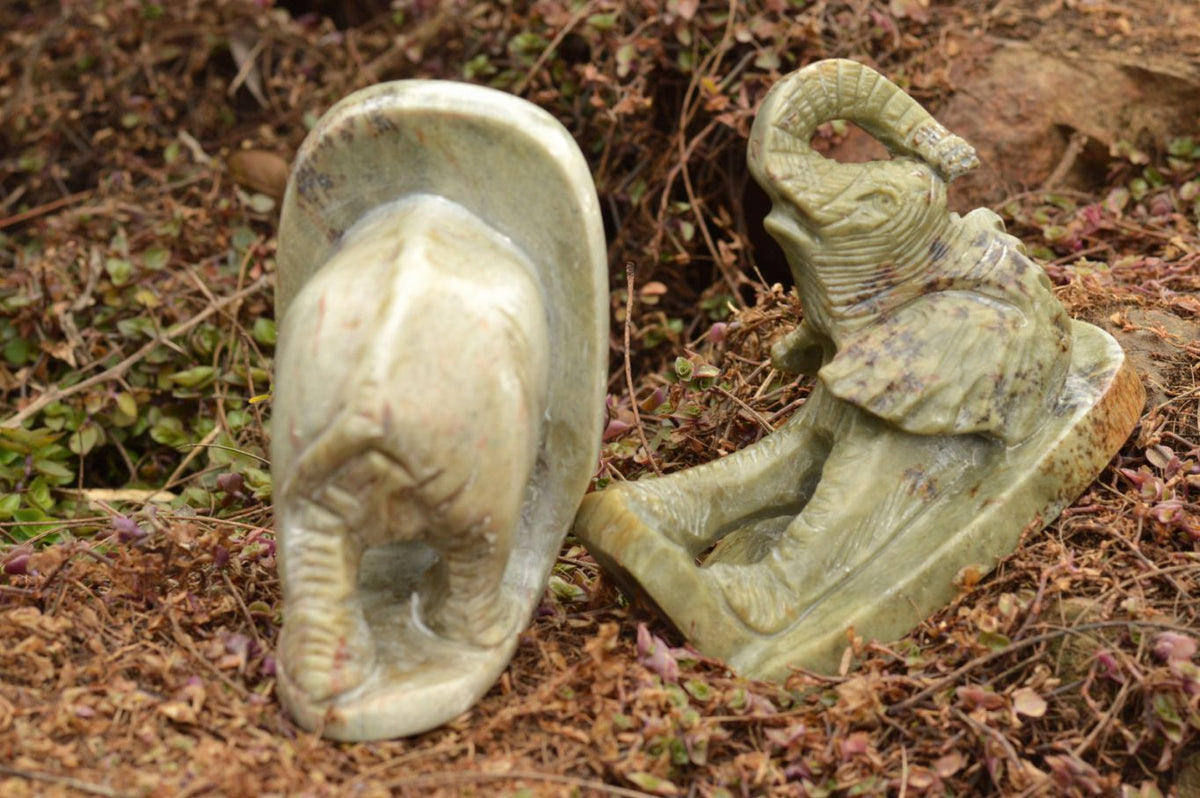 Polished Butter Jade Elephant Book End Carvings x 2 From Zimbabwe - TopRock