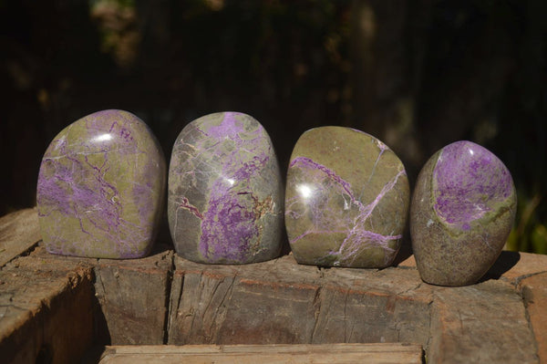 Polished Stichtite & Serpentine Standing Free Forms With Silky Purple Threads  x 4 From Barberton, South Africa - Toprock Gemstones and Minerals 
