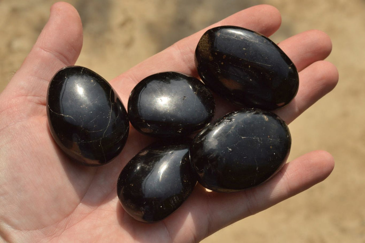 Polished Black Tourmaline / Schorl Palm Stones x 20 From Madagascar - TopRock