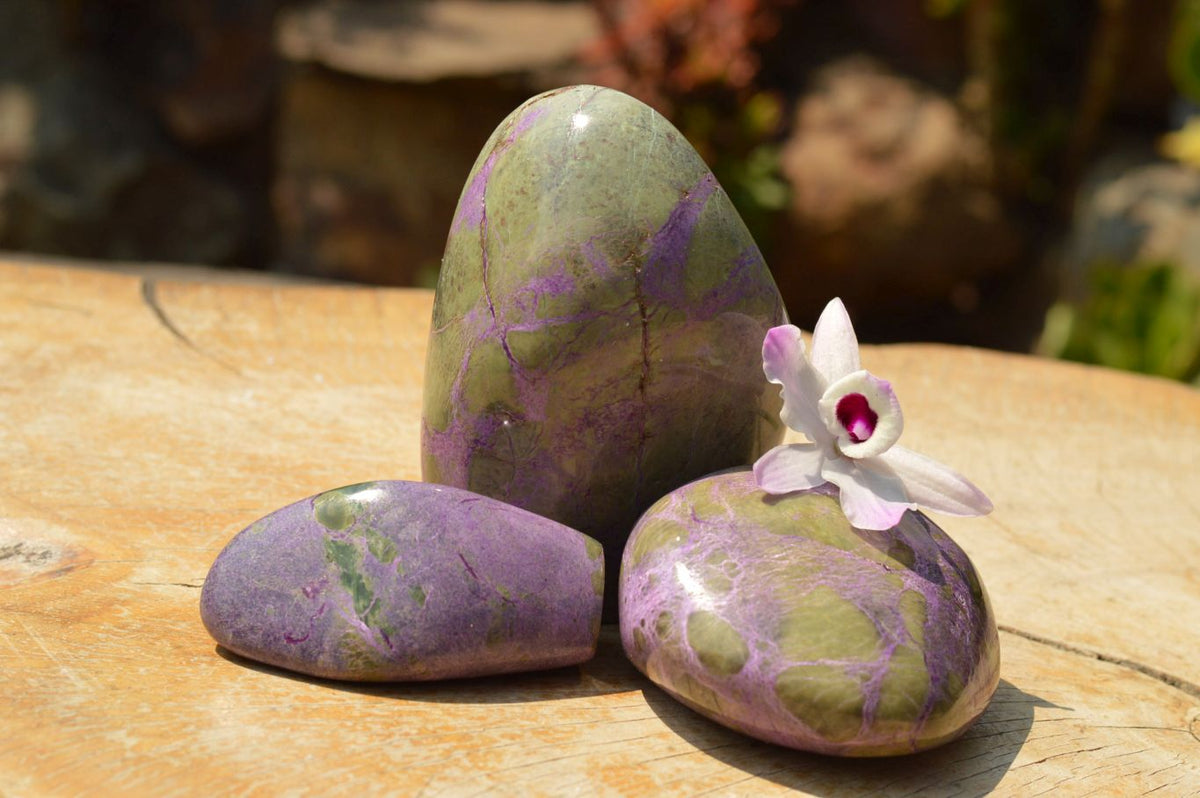 Polished Purple Stichtite & Green Serpentine (Atlantisite) Standing Free Forms x 3 From Barberton, South Africa - TopRock