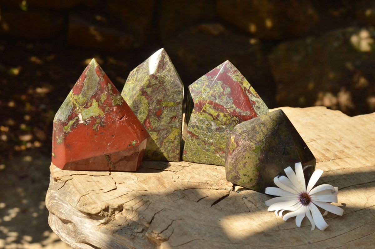 Polished Bastite (Epidote & Piedmontite) Dragon Blood Stone Points x 4 From Tshipise, South Africa - TopRock