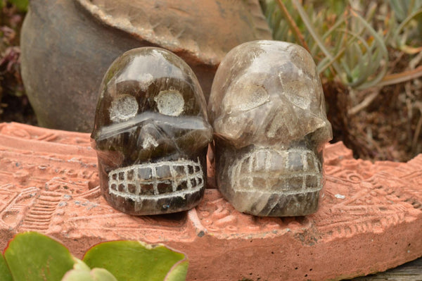Polished Morion Smokey Quartz Skull Carvings  x 2 From Madagascar - TopRock