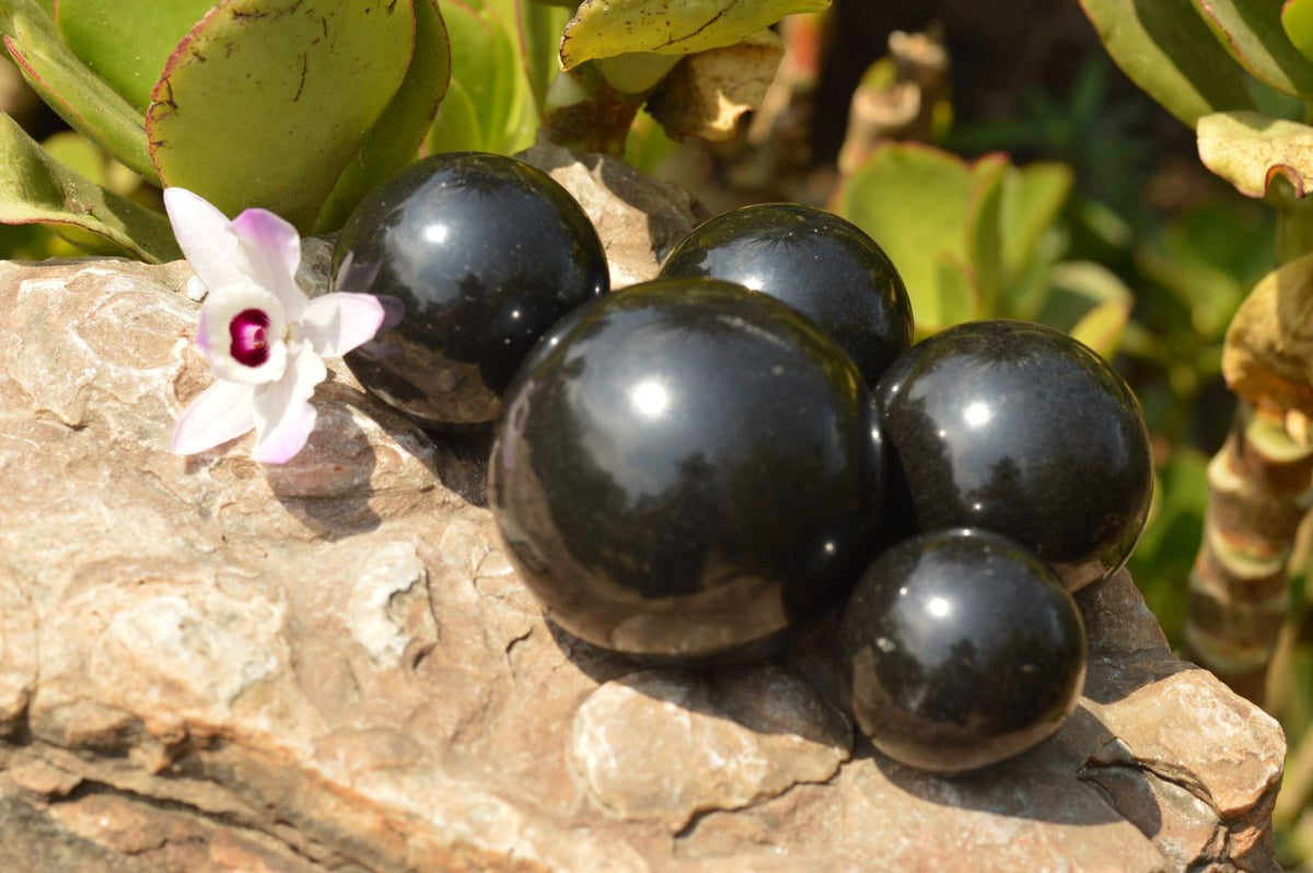Polished Pitch Black Basalt Spheres (Heat Stable) x 5 From Madagascar - TopRock
